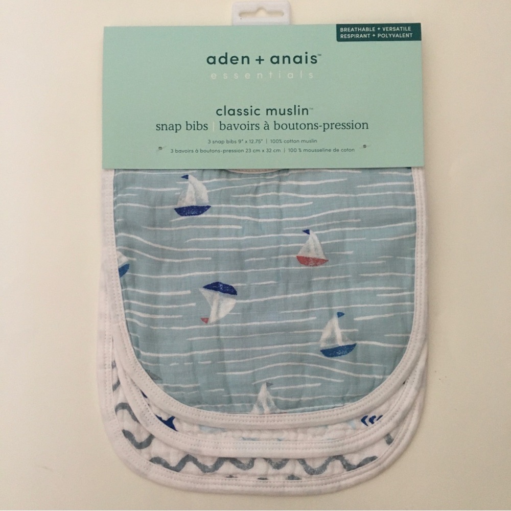 NEW Aden + Anais Muslin Cotton Snap Bibs Breathable Cotton Sailboats Fish Prints